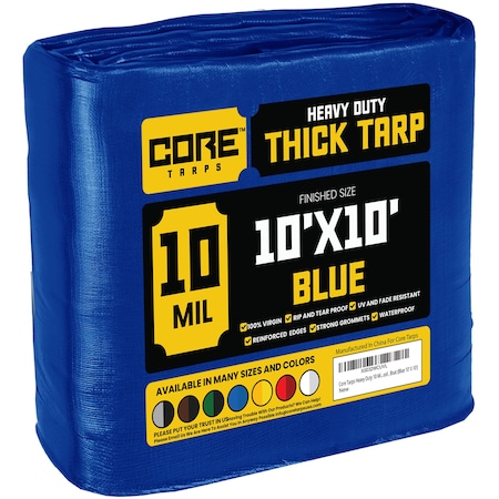 Core Tarps Heavy Duty Tarp, 10 ft L x 0.5 mm H x 10 ft W, 10 Mil, Blue, Polyethylene CT-605-10X10